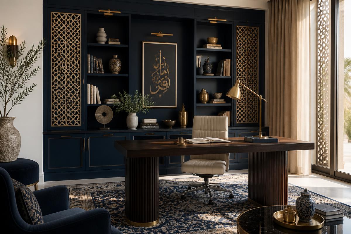 Maahoo Home Studio curated interior with navy and gold accents